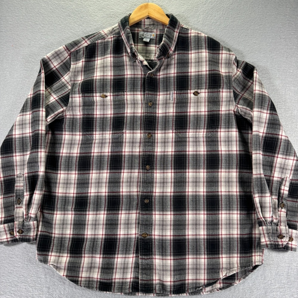 Carhartt Flannel Button Down Shirt Mens XL Black White Plaid Classic Workwear
